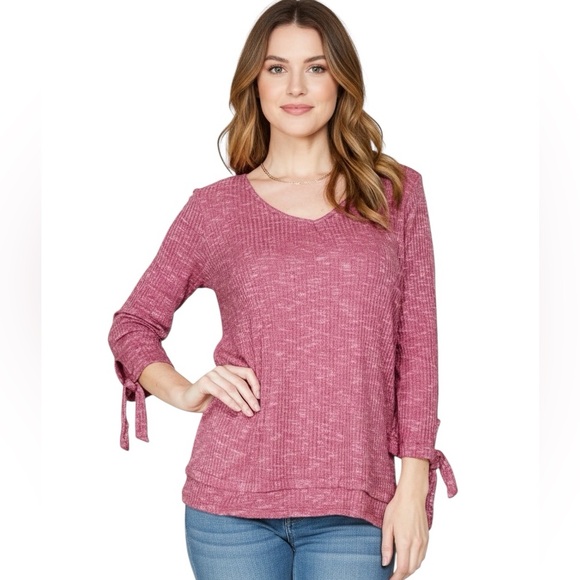 NWT ALLIE & ROB Red Heathered 3/4 Length Tie Knot Sleeve Size Large - Picture 2 of 4